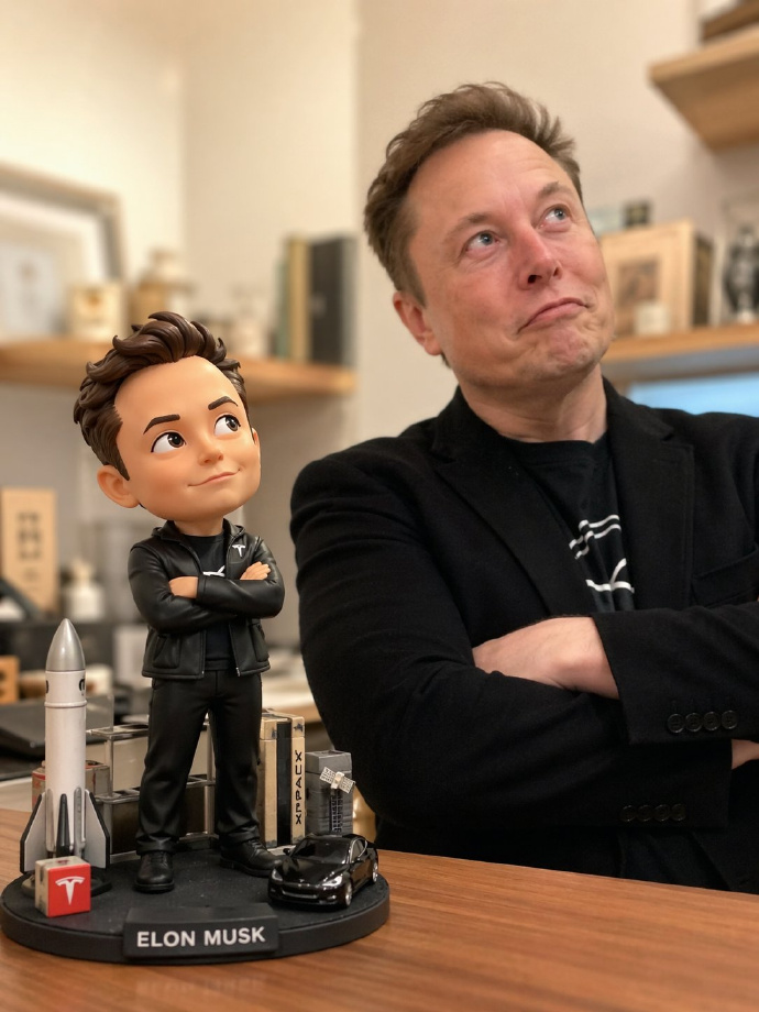 Elon Musk figurine and real person smartphone-style prompt example