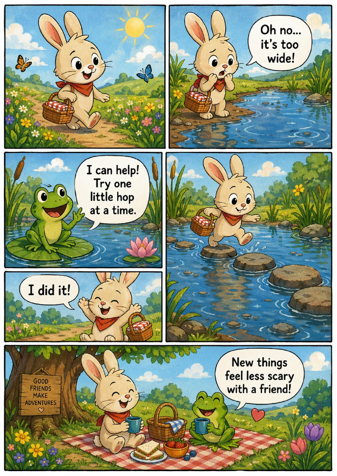 Modern indie comic page for kids prompt example