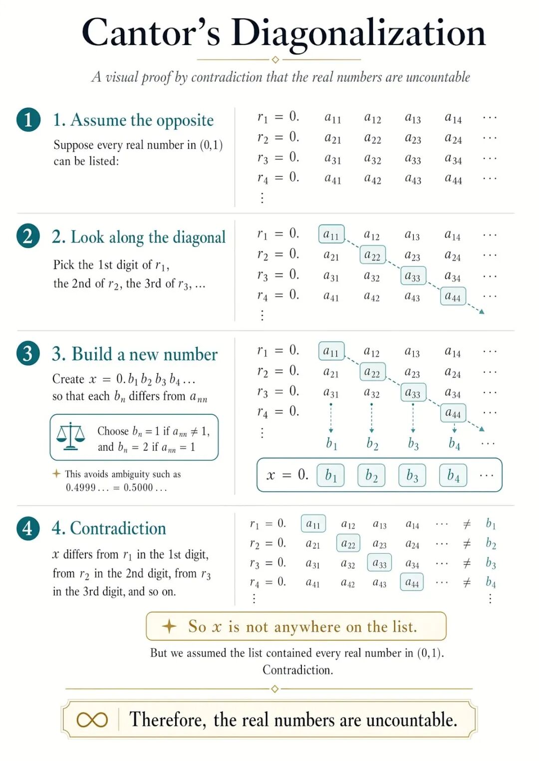 Cantor diagonal proof infographic prompt example