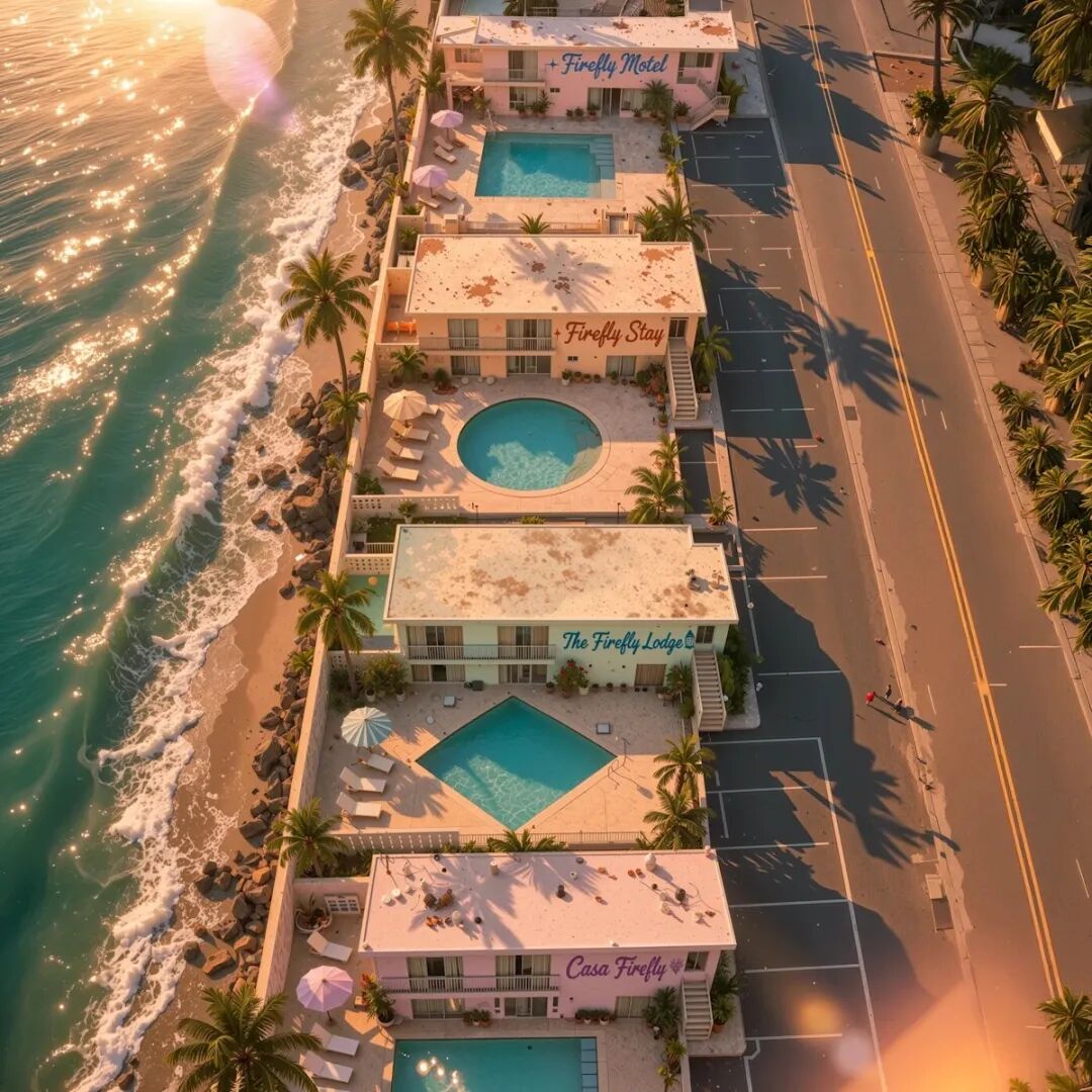 Firefly pink coastal motel aerial prompt example