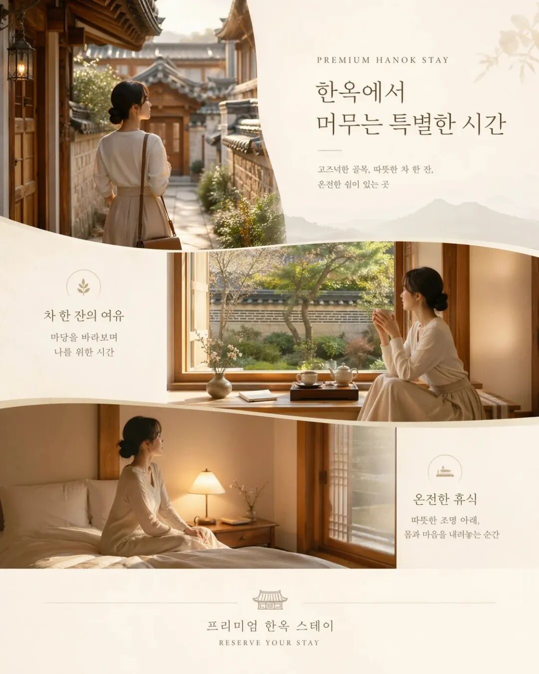 Korean hanok hotel booking card prompt example