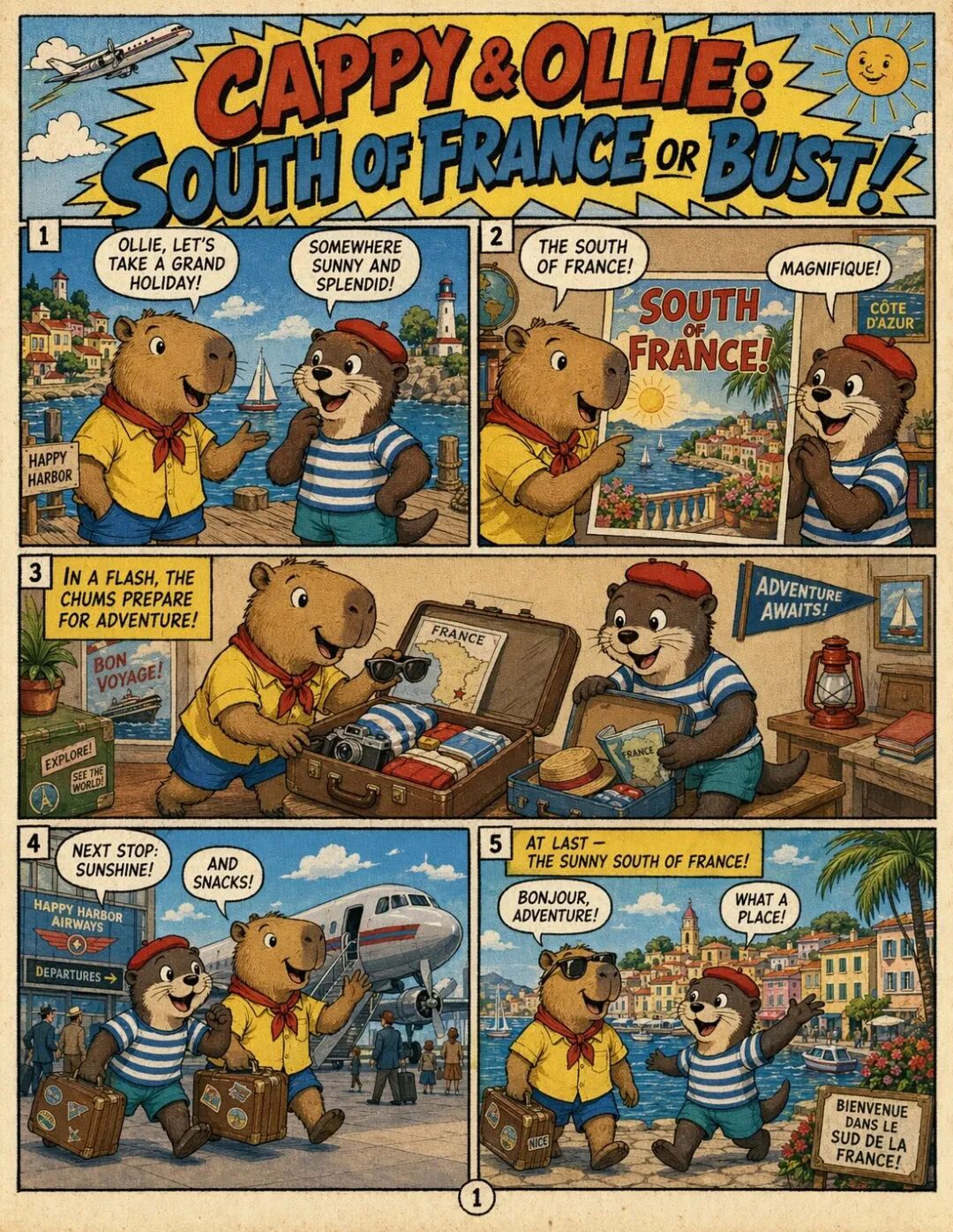 Capybara and otter South of France comic prompt example