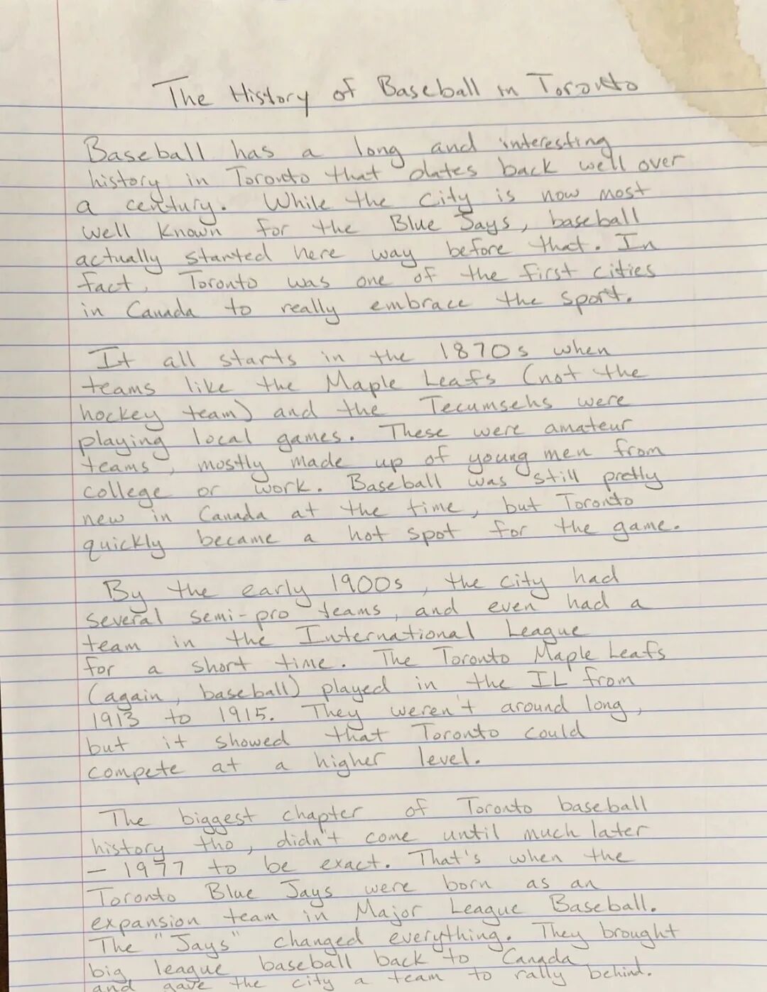 Handwritten Toronto baseball history prompt example